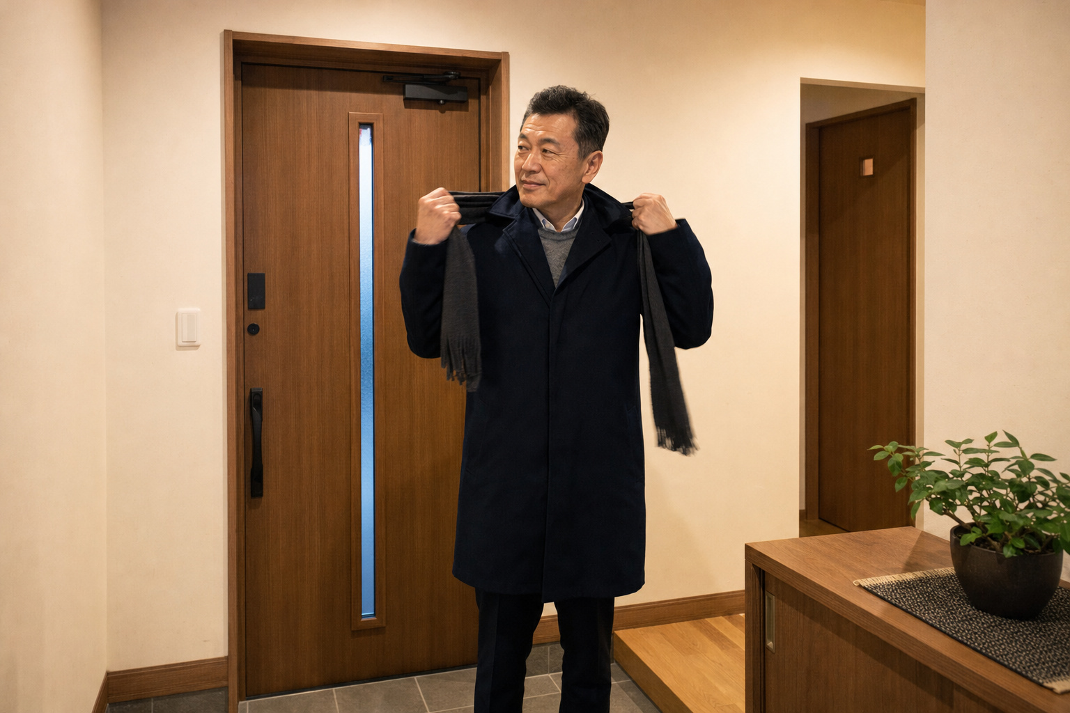 冬の夜、木目調の断熱玄関ドアの玄関で、帰宅した男性がマフラーを外している