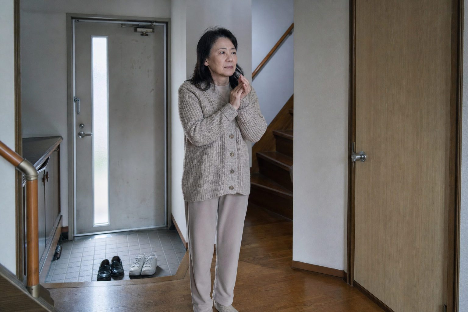 冬の朝、古いアルミの玄関ドアの前で寒そうに手をこする女性