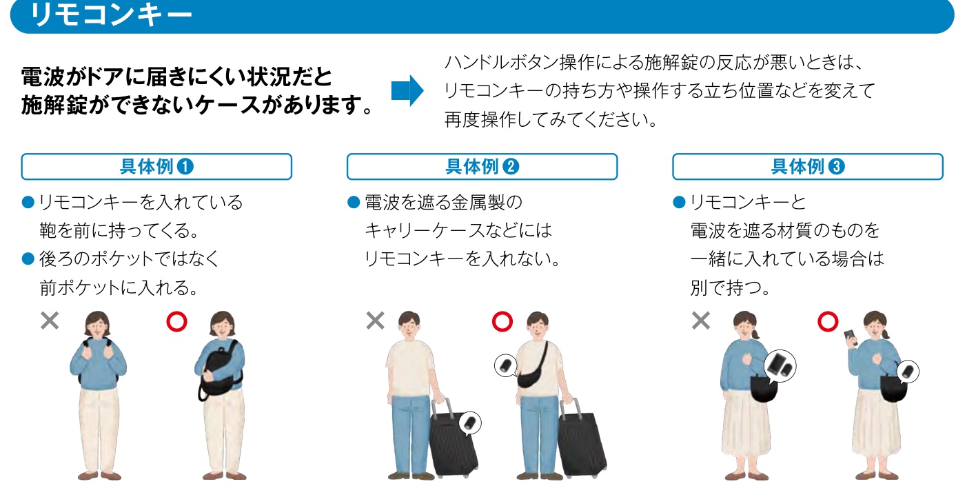リモコンキーの持ち方の例。リュックを背負ったままでは反応しにくく、かばんを前に持ってくると反応しやすい。金属のキャリーケースや電波を遮るものと一緒に入れない
