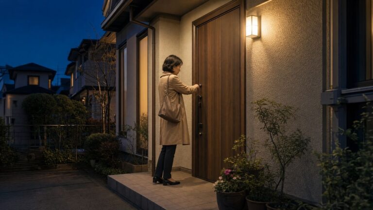 夕暮れの戸建ての玄関。ポーチ灯の下で、出かける前の女性が玄関ドアの鍵をかけている