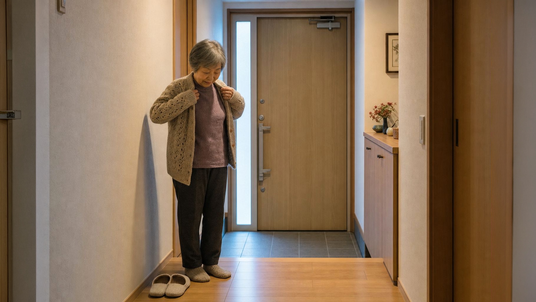 冬の朝、玄関へ向かう前に、年配の女性が廊下でカーディガンを羽織っている。奥に閉じた玄関ドア